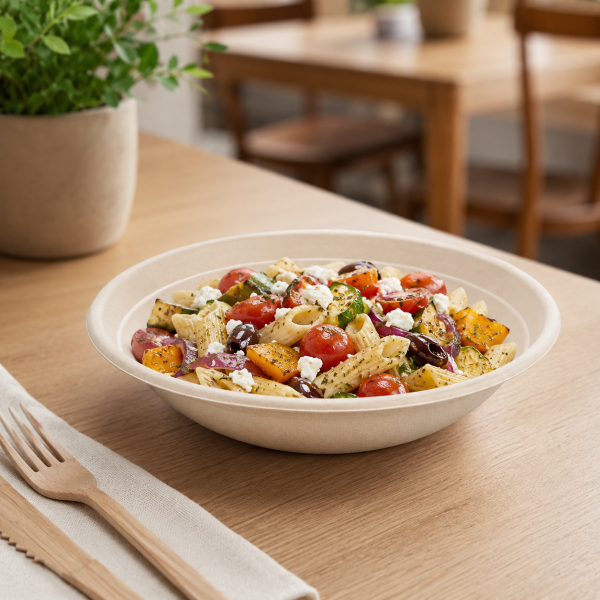 Wide 750ml bagasse bowl serving Mediterranean pasta salad in restaurant setting