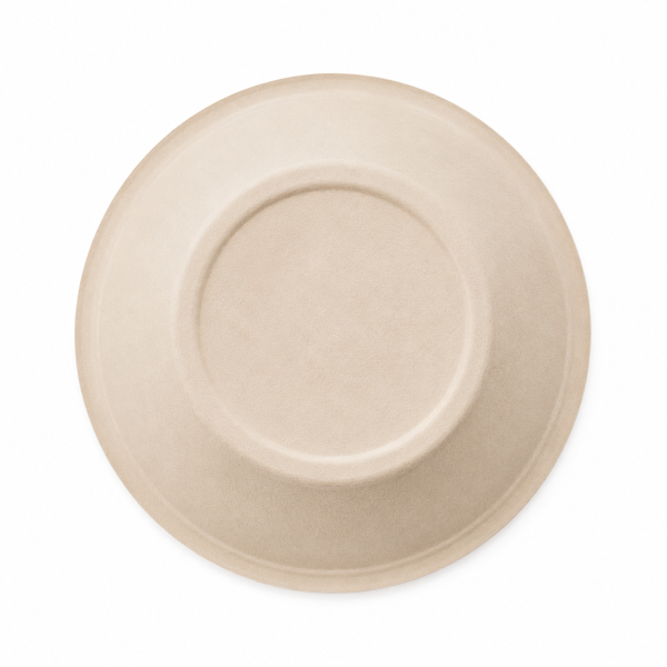 Underside of 750ml molded bagasse bowl showing reinforced circular base detail