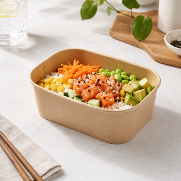 750ml-rectangular-kraft-paper-bowl-salmon-poke-use 750ml Rectangular Kraft Paper Bowl
