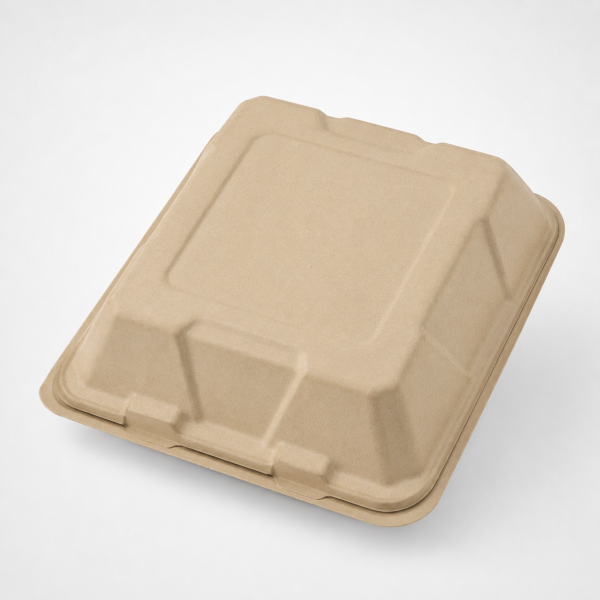 Closed view of 8 inch natural bagasse clamshell takeaway container