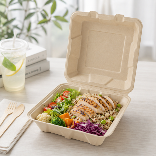 8 Inch Natural Bagasse Clamshell Food Container