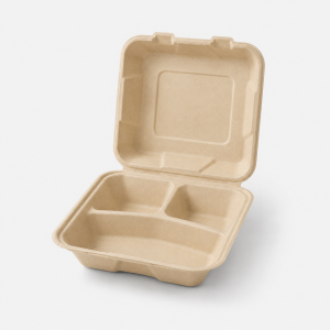8 inch natural three compartment bagasse clamshell food container