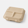Closed view of 8 inch natural 3 compartment bagasse clamshell container