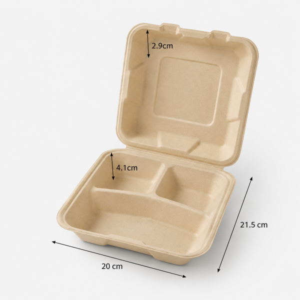 8 inch three compartment bagasse clamshell container with 20 by 21.5 cm dimensions