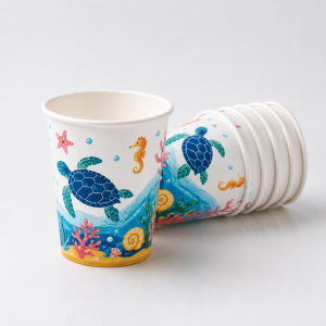 8oz custom ocean print paper cups stacked for storage and supply