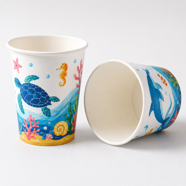 8oz custom printed paper cup with visible inner wall and rolled rim