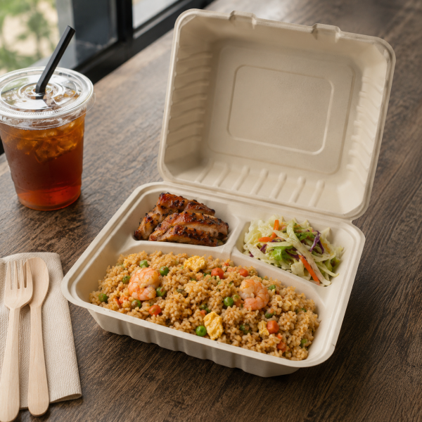 9 Inch Three Compartment Bagasse Clamshell Food Container