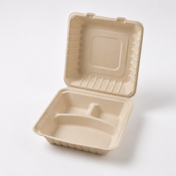 9 inch natural three compartment bagasse clamshell food container