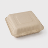 Closed view of 9 inch natural three compartment bagasse clamshell container