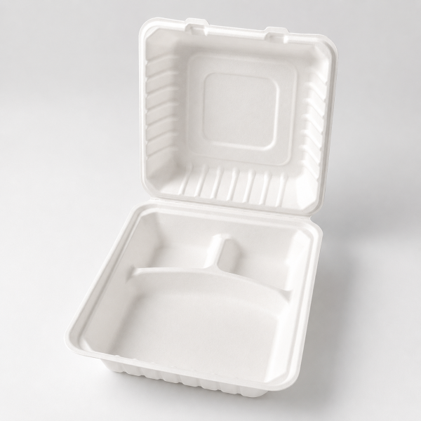 9 inch white three compartment bagasse clamshell food container
