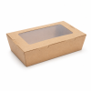 Closed 900ml kraft salad box with clear window on white background