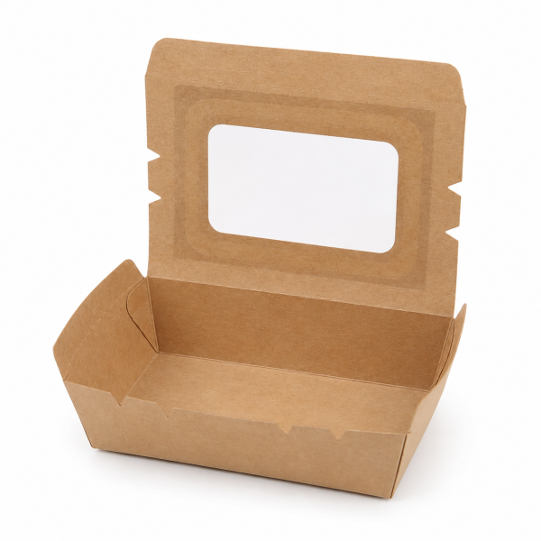 Open 900ml kraft window salad box showing empty single-compartment interior