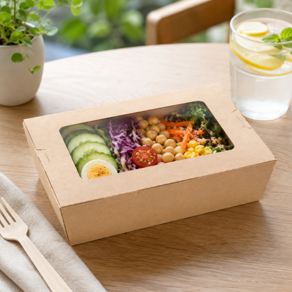 900ml kraft window salad box filled with fresh salad on a wooden table