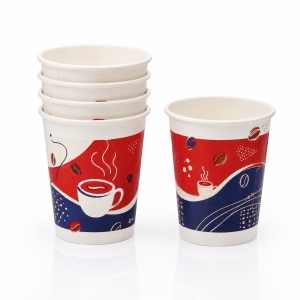 9oz custom printed paper cups stacked for beverage service