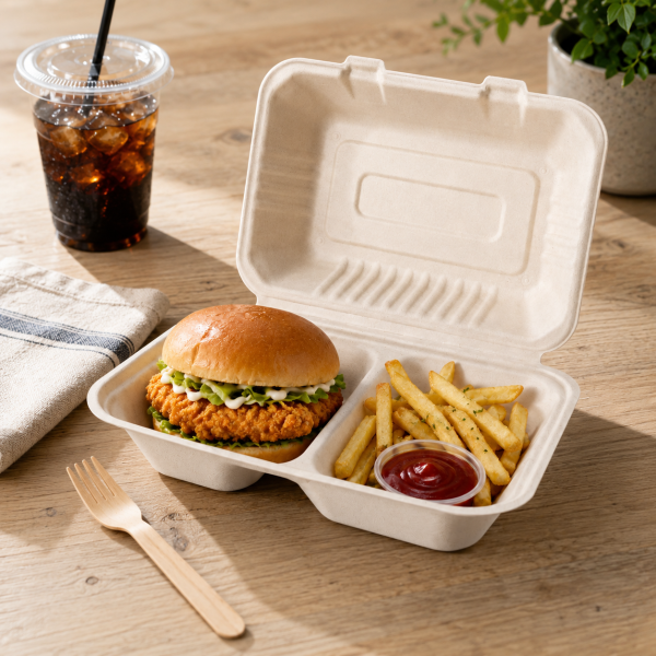 9×6 Inch Two Compartment Bagasse Clamshell Food Container