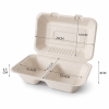 9x6 inch bagasse clamshell container with two compartments and dimensions