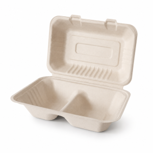 9x6 inch natural two compartment bagasse clamshell food container