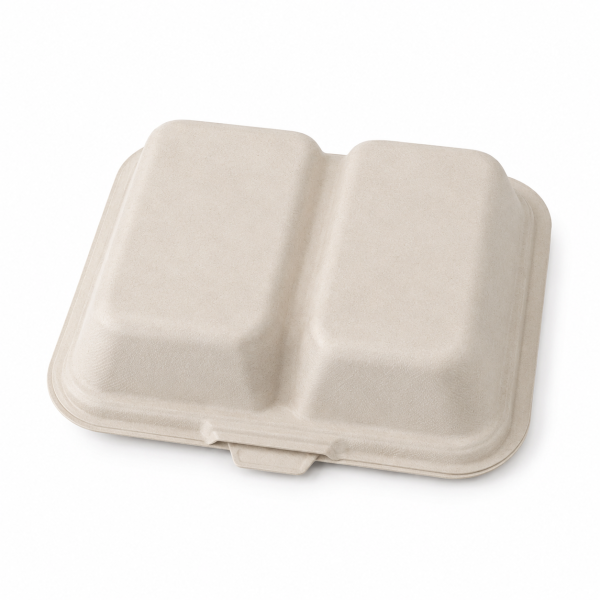 Closed view of 9x6 inch two compartment bagasse clamshell container