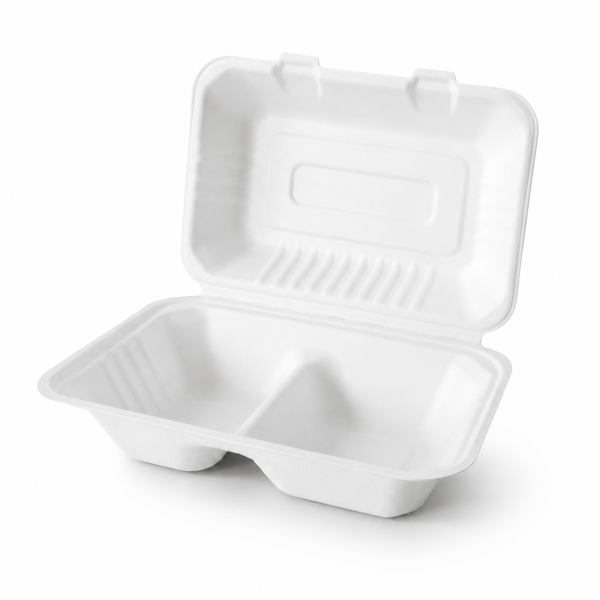 9×6 Inch Two Compartment Bagasse Clamshell Food Container