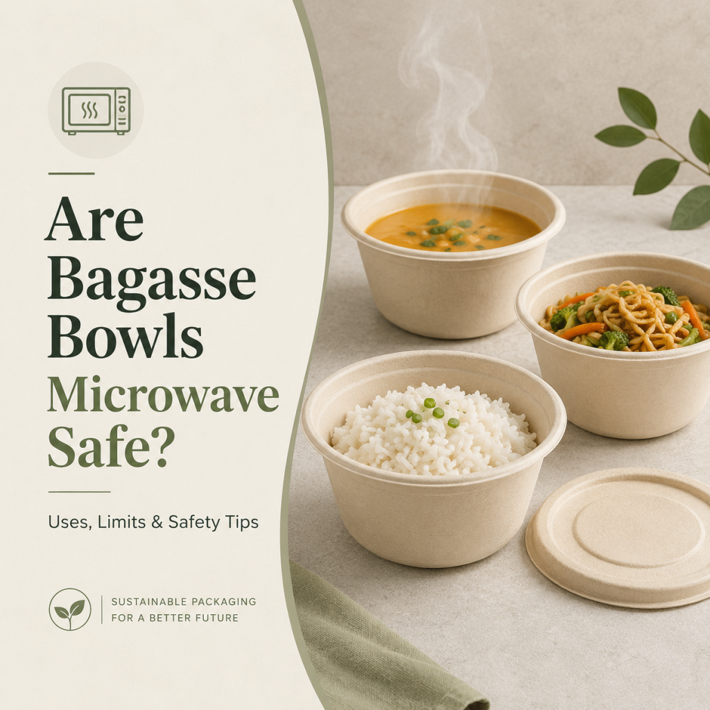Bagasse bowls with hot soup rice and noodles for microwave reheating