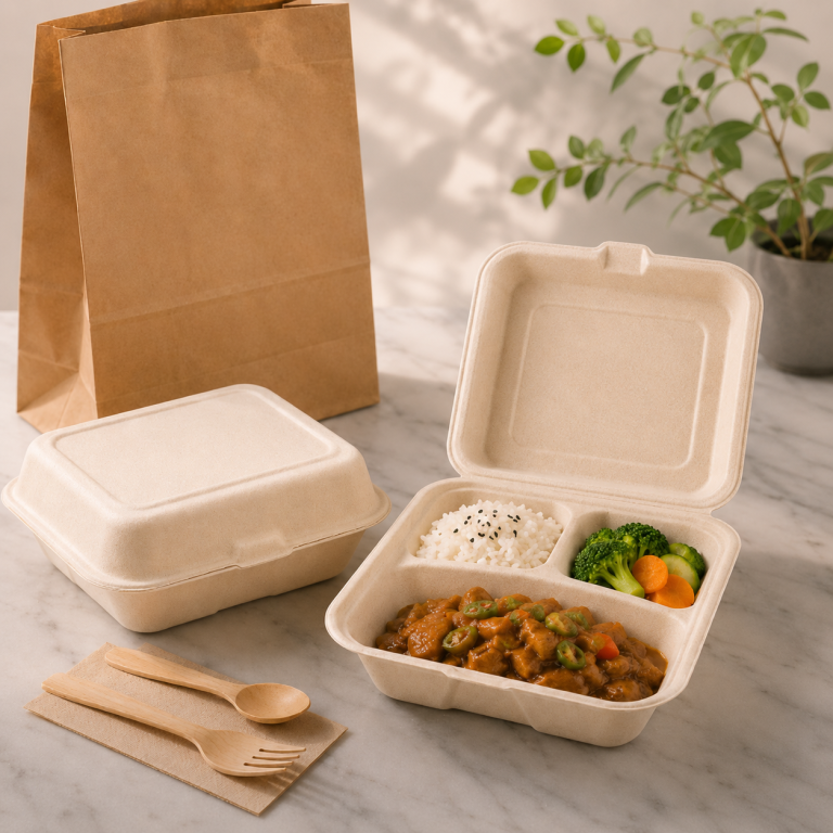 Bagasse clamshell food container with rice curry and vegetables for takeaway meals