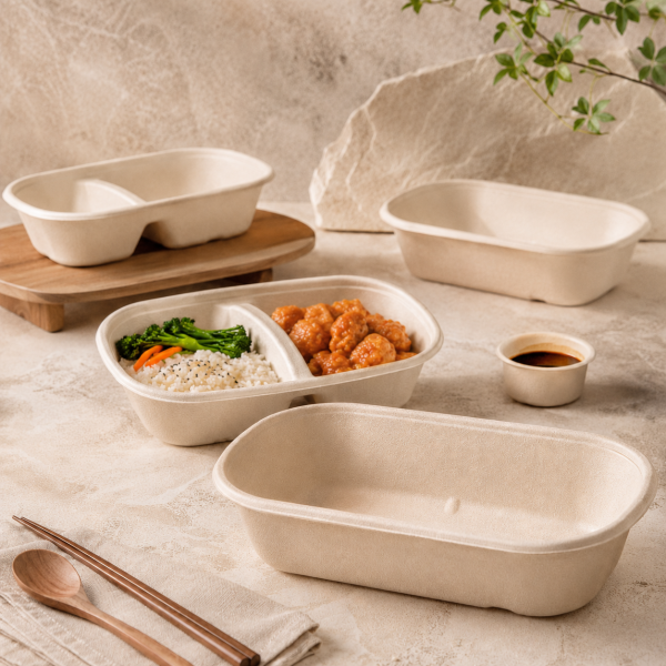 400ml bagasse food tray used for pasta and grilled chicken meal