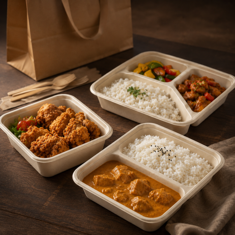Bagasse takeaway containers with rice curry and fried chicken meals