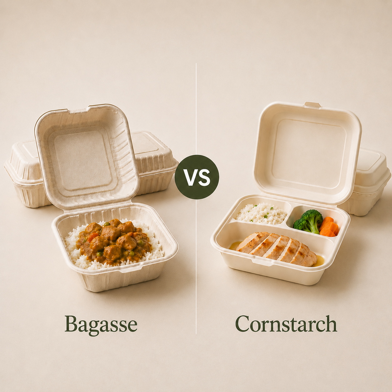 Bagasse vs cornstarch food containers for eco-friendly takeaway packaging wholesale