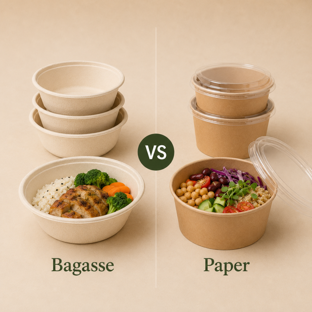 Bagasse and paper bowls compared for takeaway meals and food packaging