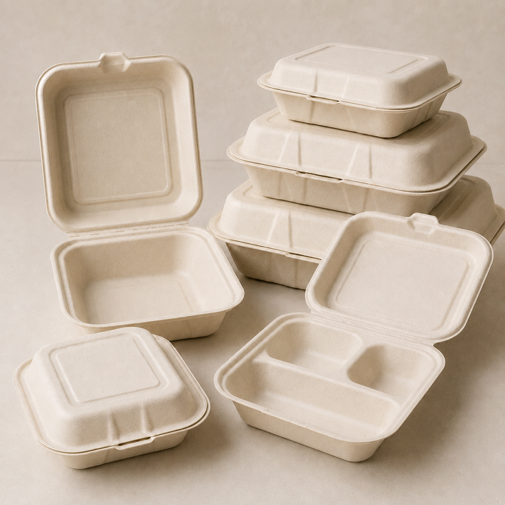 Compostable bagasse clamshell food containers wholesale in a clean studio product display