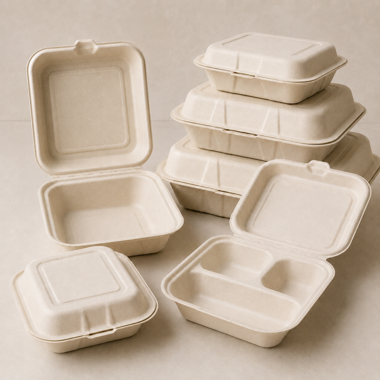 Compostable bagasse clamshell food containers wholesale in a clean studio product display
