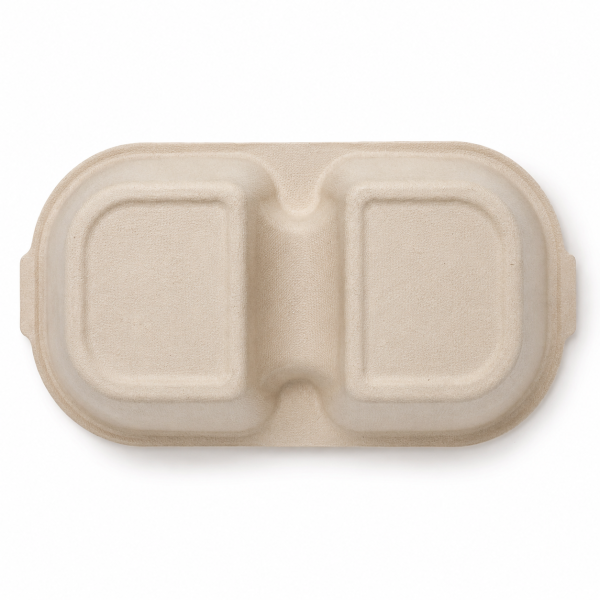 Bottom view of double compartment bagasse food box