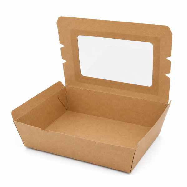 Open 1200ml kraft window salad box showing empty single-compartment interior