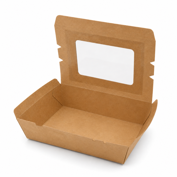 Open 1600ml kraft window salad box showing empty single-compartment interior