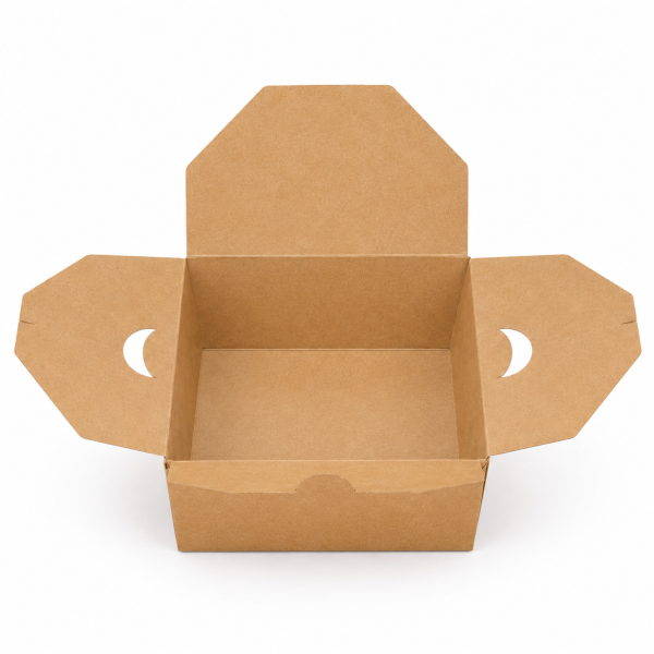 Open kraft food box showing empty PE-coated interior and ventilation openings