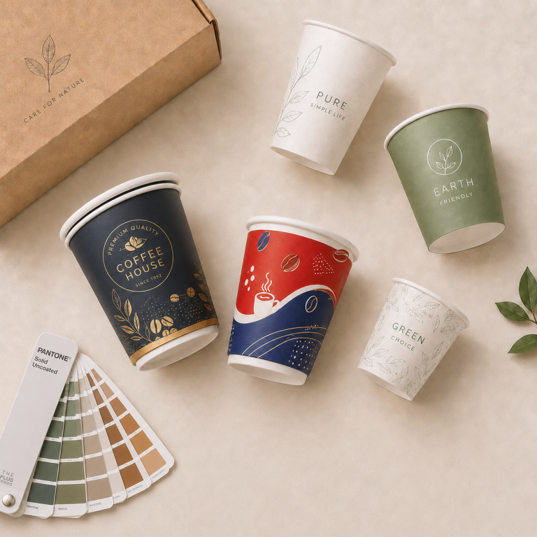Paper cups wholesale with custom printed designs for coffee shops and businesses