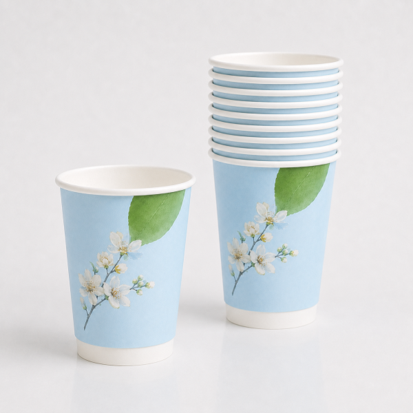 Stacked 10oz double wall paper cups for efficient storage