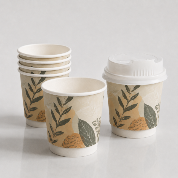 Stacked 4oz double wall paper cups for coffee shops and catering use