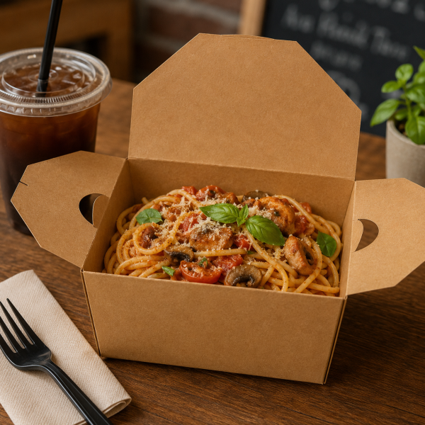 Vented kraft takeaway box serving pasta in a casual café setting