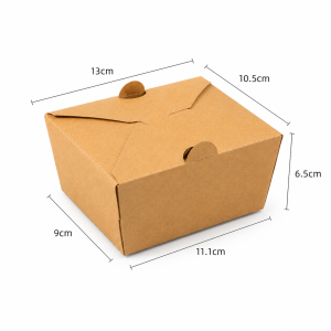 Vented kraft takeaway box dimensions showing 13cm top length and 6.5cm height