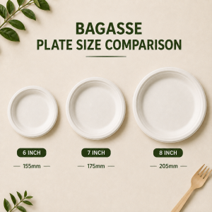 White bagasse plates in six seven and eight inch sizes