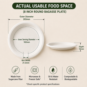 8 inch bagasse plate showing diameter rim width and depth measurements