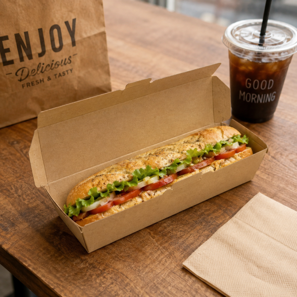 Kraft paper takeout box used for sandwich and takeaway food packaging