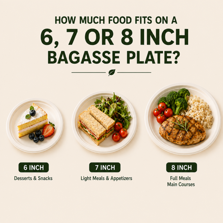 Six seven and eight inch bagasse plates with different meal portions