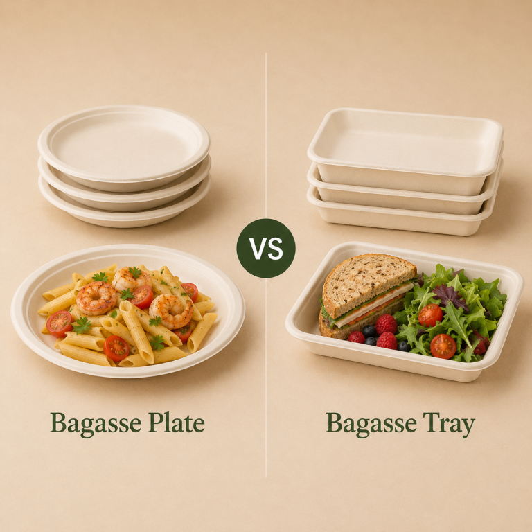 Bagasse plate with shrimp pasta compared with tray holding sandwich and salad