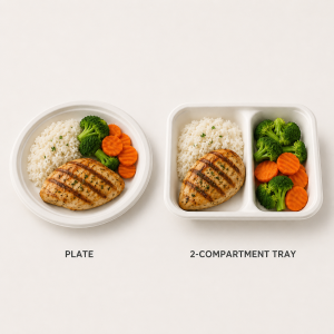 Complete meal served on round bagasse plate and two compartment tray