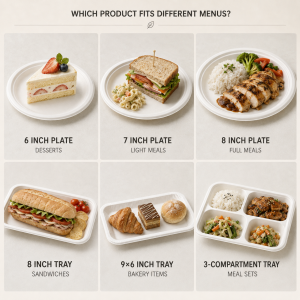 Bagasse plates and food trays matched with desserts sandwiches meals and bakery items