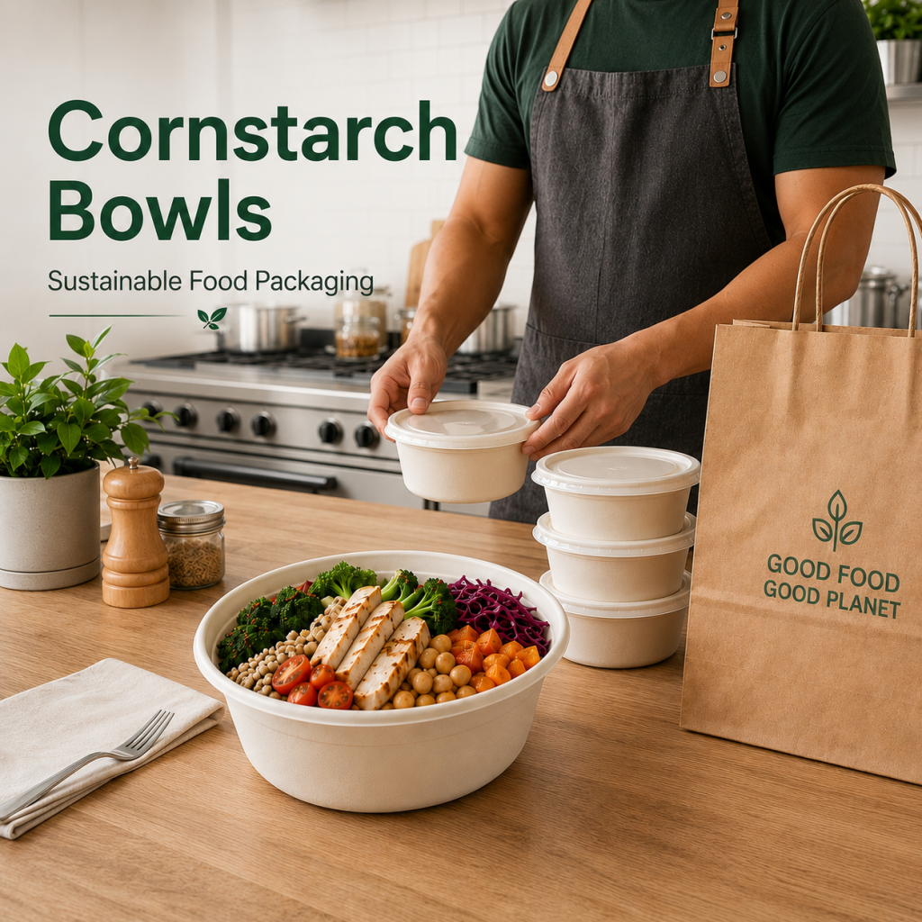 Cornstarch bowls used for sustainable food packaging in modern food service