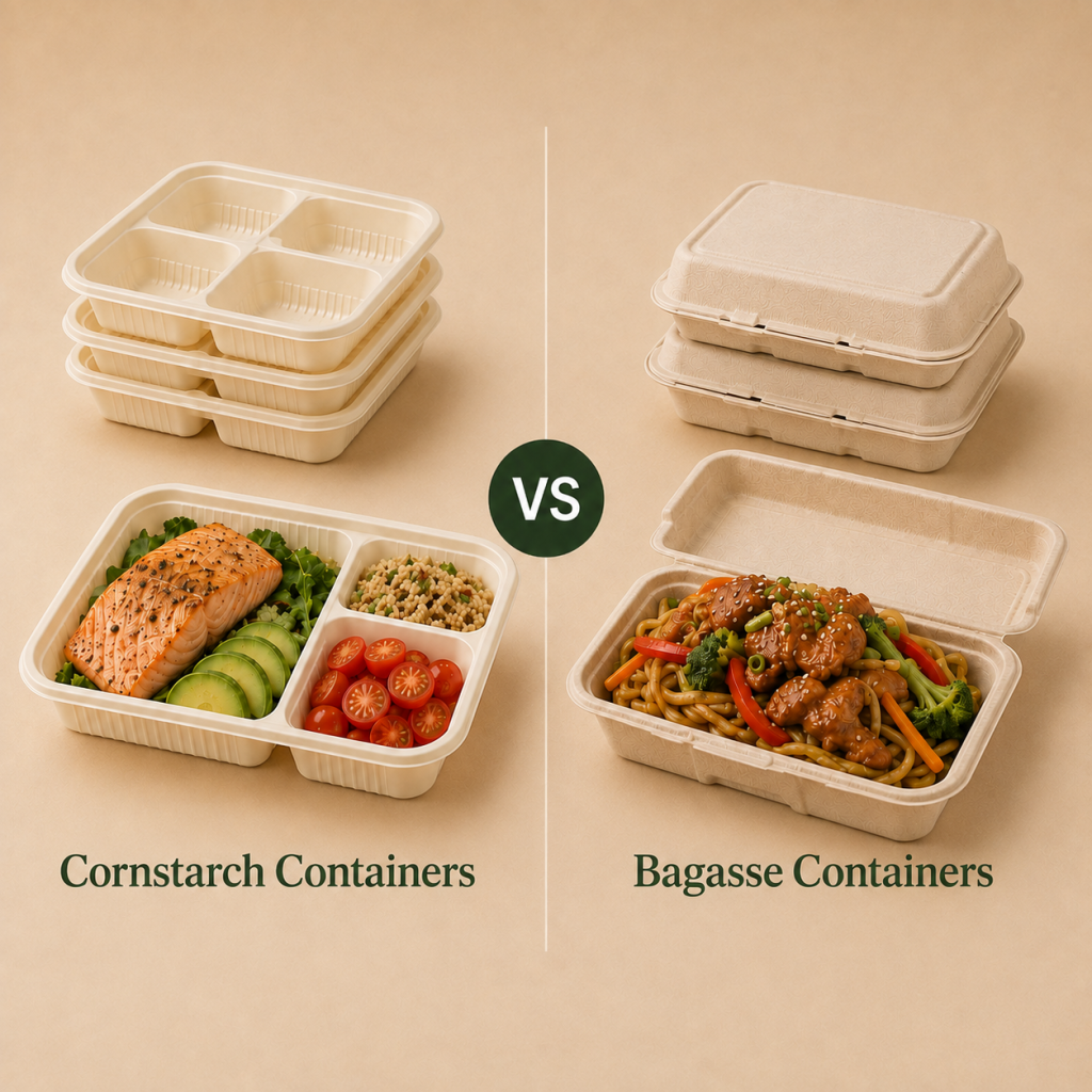 Cornstarch and bagasse containers comparison for sustainable takeaway food packaging
