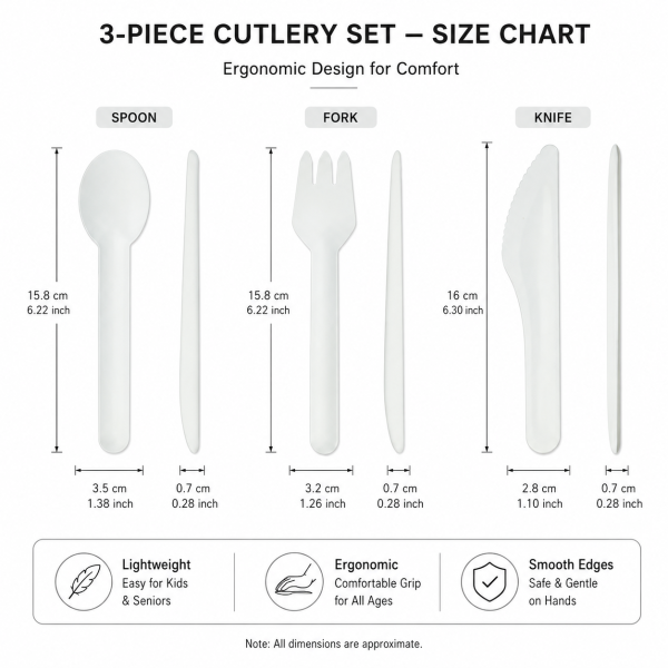 disposable-cutlery-set-size-dimensions Disposable cutlery set dimensions with spoon fork and knife measurements
